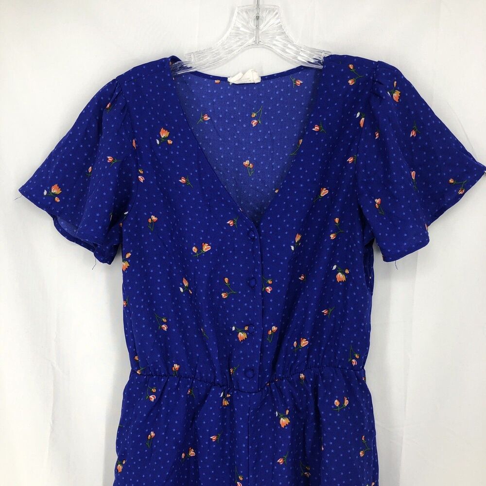 Sienna Sky Blue Floral Stars Lined Button Front Pockets Romper Shorts Small
